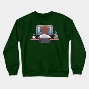 Cute Man Working On Computer With Coffee Cartoon Crewneck Sweatshirt